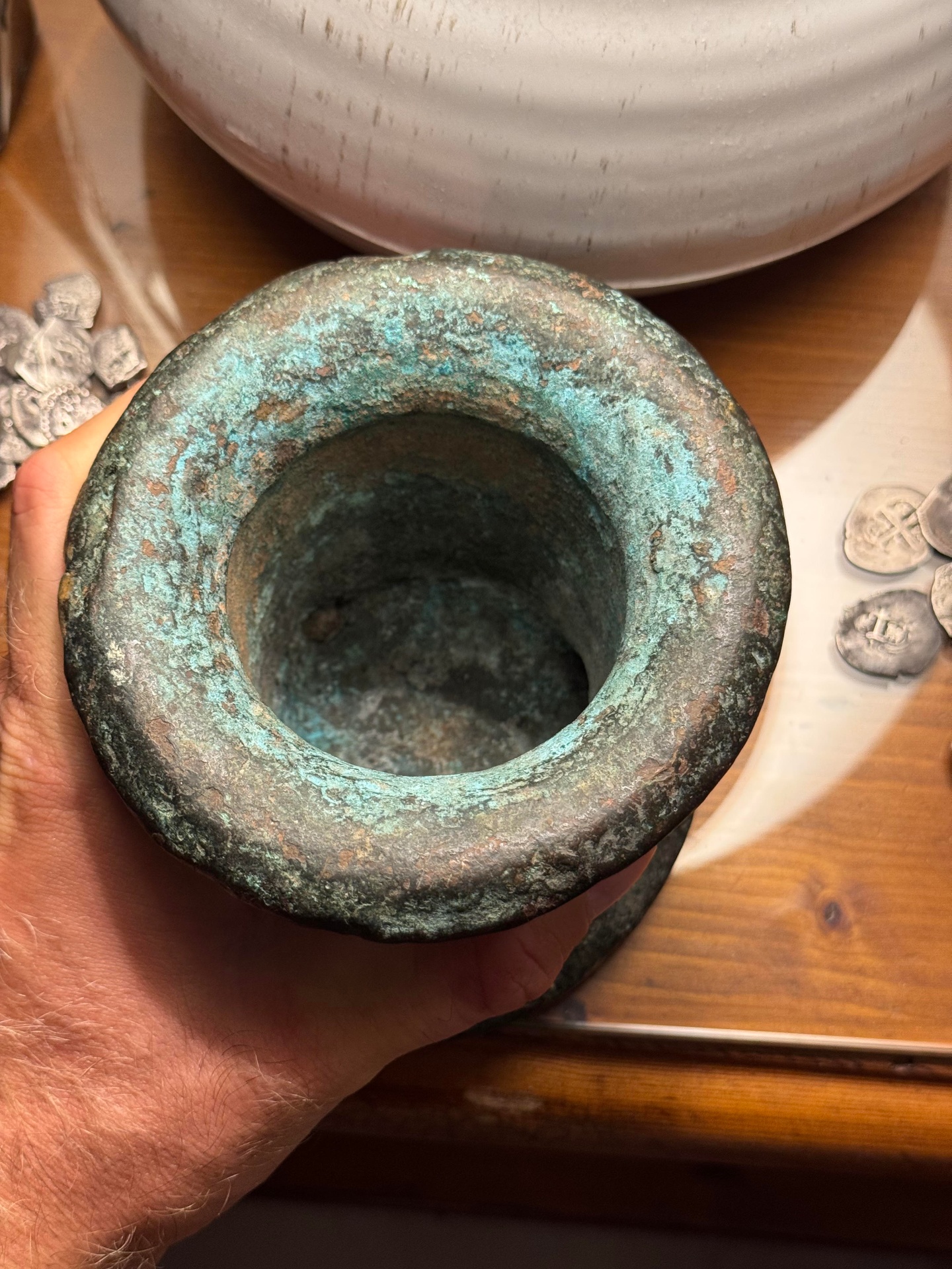 Top view down the barrel of the handleless bronze thunder mug