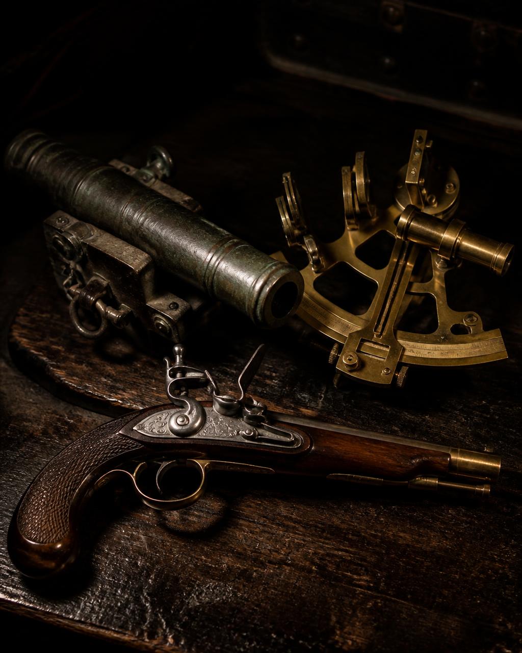 Antique flintlock pistol, bronze cannon and brass sextant