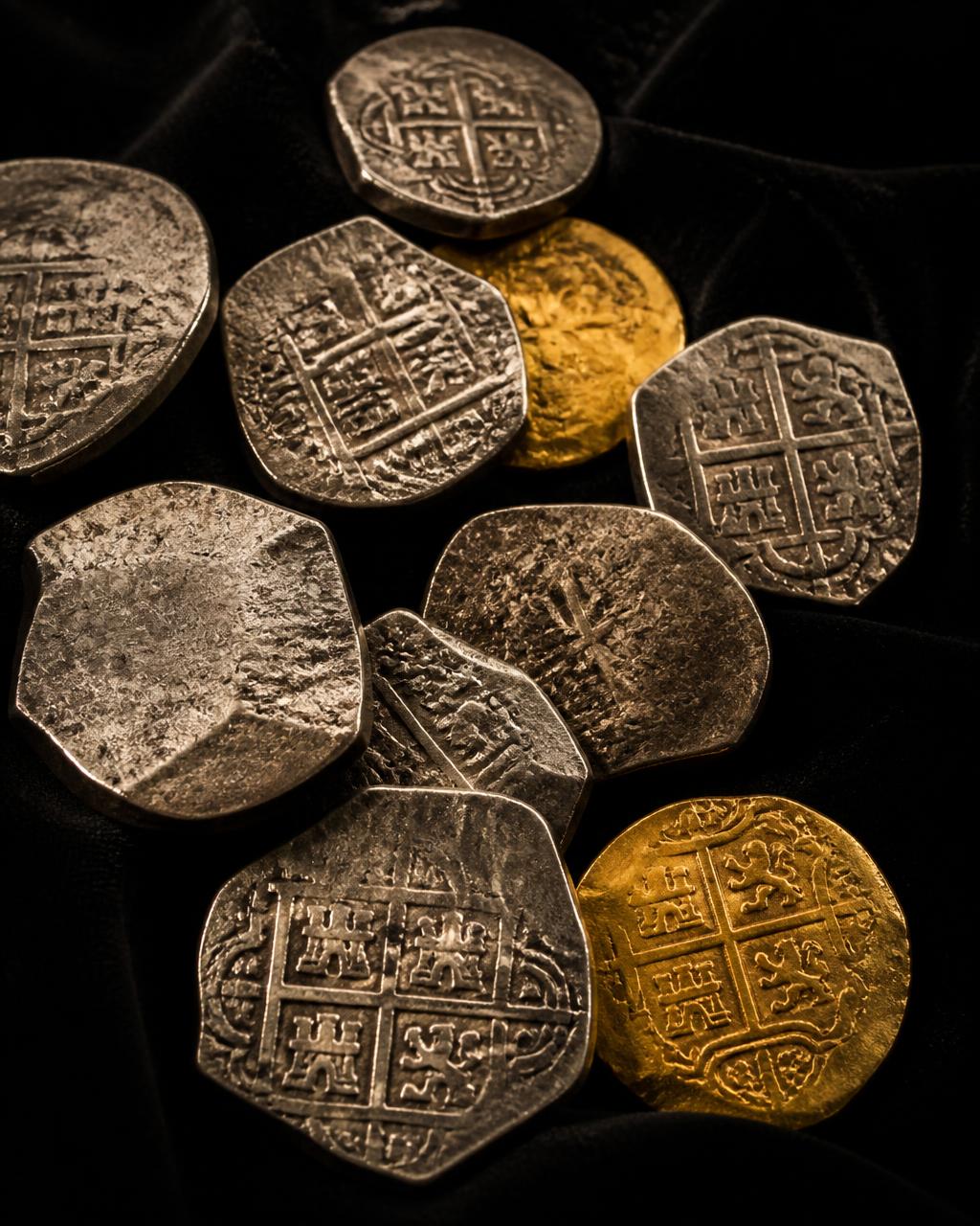 Spanish colonial silver and gold cob coins on black velvet