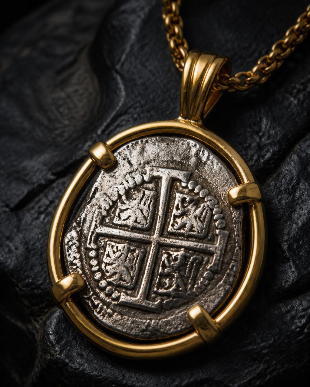 Spanish colonial cob coin set in a gold bezel pendant