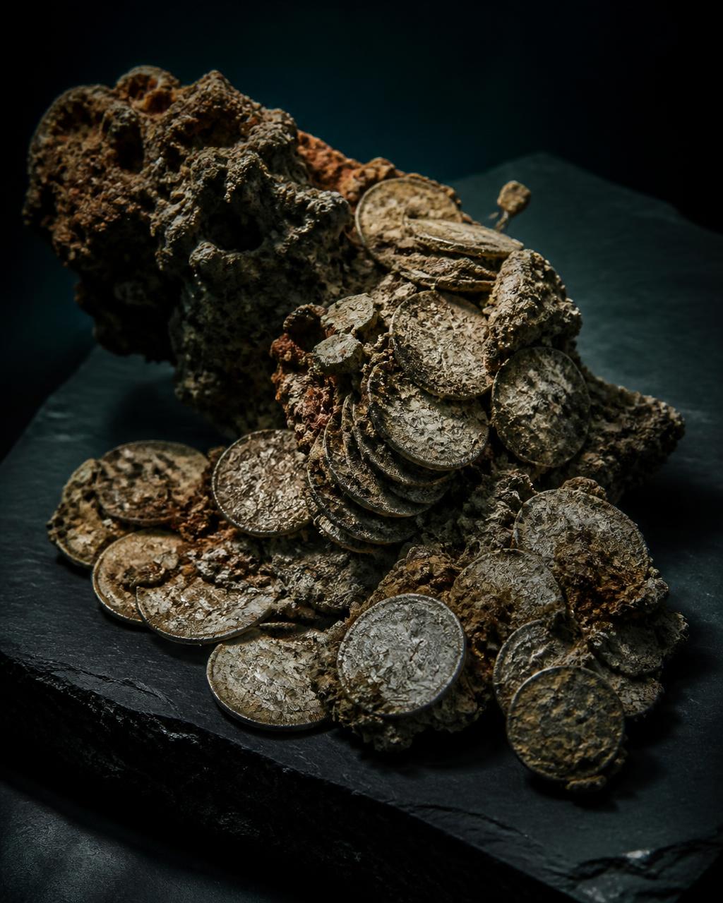Encrusted shipwreck coins and coral concretion